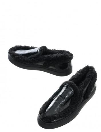Black patent sheepskin loafers