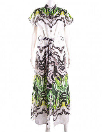 Printed belted linen maxi...